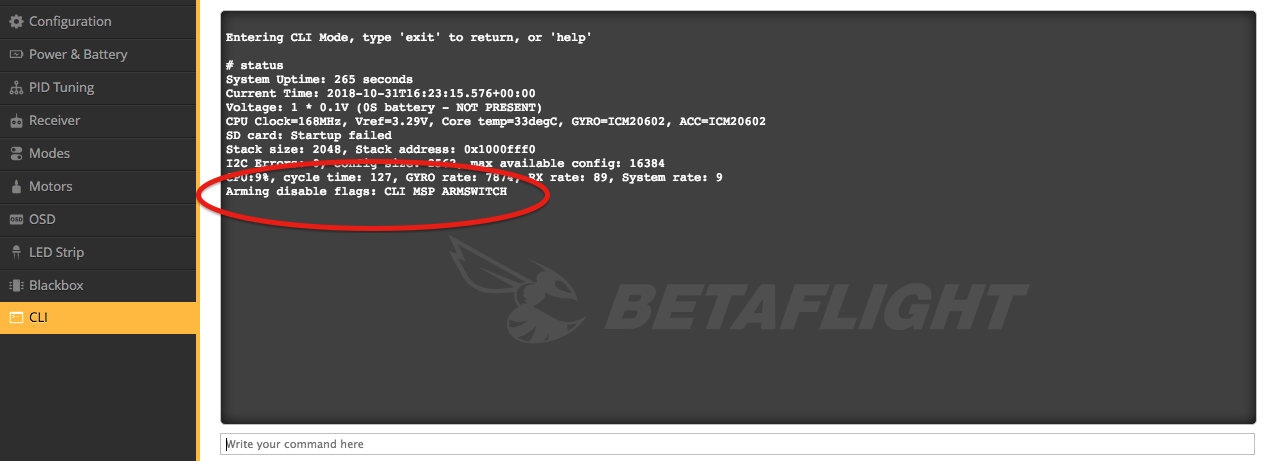 motor no arma en betaflight mensajes CLI